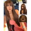 Nadula Hair Brown Yaki Straight Human Hair Glueless Wigs #4 Layer Cut Bang Wigs with 4x4Lace Closure Chocolate Brown Straight Wigs for Women No Glue No Gel Beginner Friendly 180% Density 18inch
