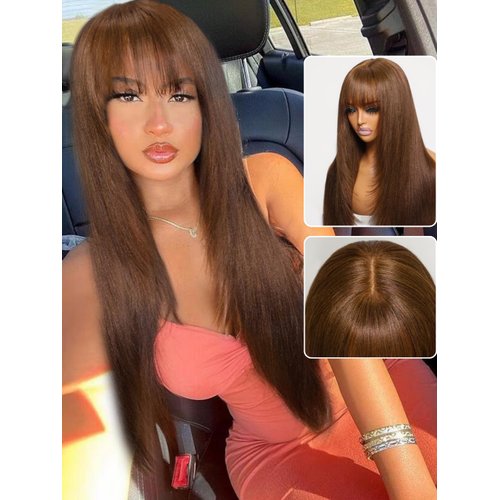 Nadula Hair Brown Yaki Straight Human Hair Glueless Wigs #4 Layer Cut Bang Wigs with 4x4Lace Closure Chocolate Brown Straight Wigs for Women No Glue No Gel Beginner Friendly 180% Density 18inch