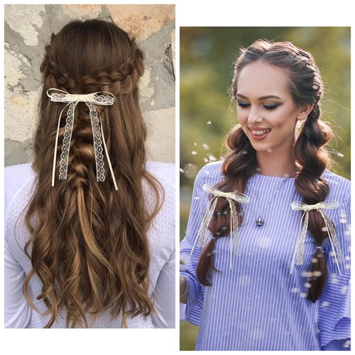 CustomyLife 4pcs Lace Hair Bow Clips Cute White Ribbons Coquette Snap Barrettes Wedding Prom Birthday Halloween Christmas Decorative Accessories for Women Girls