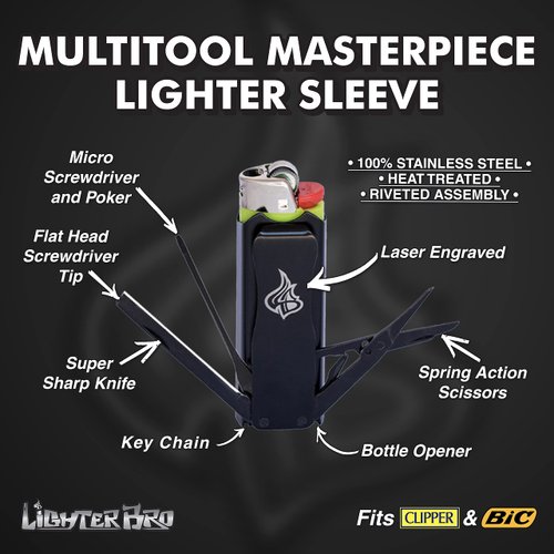 LighterBro Stealth Black - Stainless Steel Sleeve to Transform Your Pocket Lighter - Lighter Case with Poker, Super Sharp Knife & Scissors, Bottle Opener, Screwdrivers, & Keychain Holder