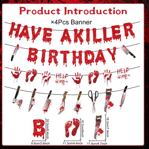 Gameza Have a Killer Birthday Banners - 4PCS No-DIY Murder Mystery Party Decorations Bloody Halloween Birthday Decoration Supplies Horror Spooky Birthday Banner Fake Knife Banners for Bday