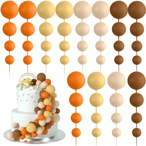 BOUBONI 48 Pcs Balls Cake Topper Decorations Balloon Cupcake Toppers Foam Cake Topper Balls Cake Balls Decorations for Birthday Party Wedding Cake Decorating (Orange, Yellow, Apricot, Khaki)