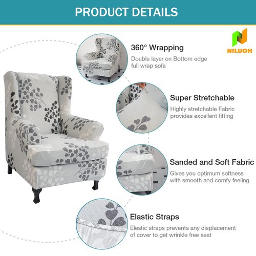 NILUOH Wing Chair Slipcovers 2 Pieces Stretch Spandex Wingback Chair Covers Sofa Slipcover Printing Wingback Armchair Slipcovers Furniture Protector Couch Soft with Elastic Bottom, 11