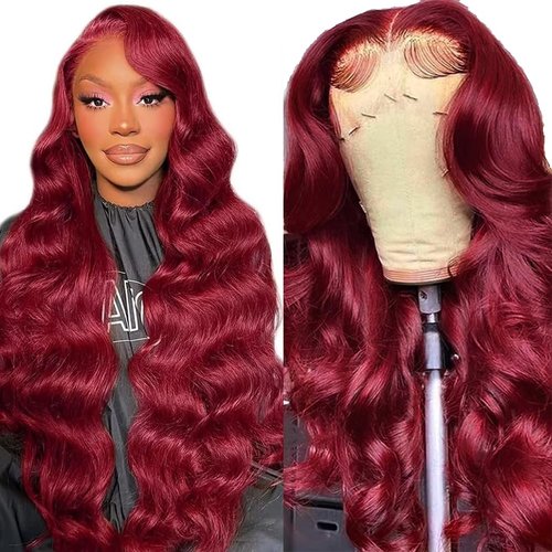 SWEETGIRL 13x6 Burgundy Lace Front Wigs Human Hair Body Wave Lace Front Wigs Pre Plucked 13x6 HD Lace Frontal Wigs Human Hair Wig for Women 180 Density Red Wig 24 Inch
