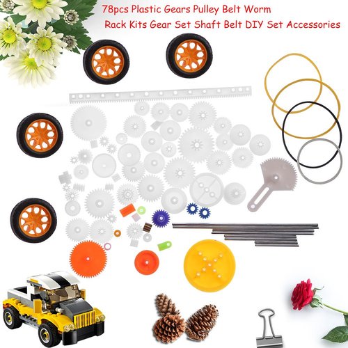 Walfront 78Pcs Gear Package Kit Motor Gears Kits Plastic Spindle Worm Gear Set Robot Gear Pulley Shaft Belt Assembly for Robot Toy Automobile Cars DIY Kit Including Axle Tire Gear Bushings Rack