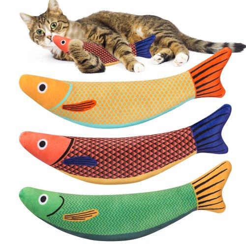 3 PCS Cat Toys Kitten Toys Assortments, Cat Toys Fish with Catnip, Cat Nip Toys, Cat Chew Plush Toys, Interactive Kitten Cat Toys Indoor Cats. Plush Cartoon Kitten Teething Interactive Toy 9.5"