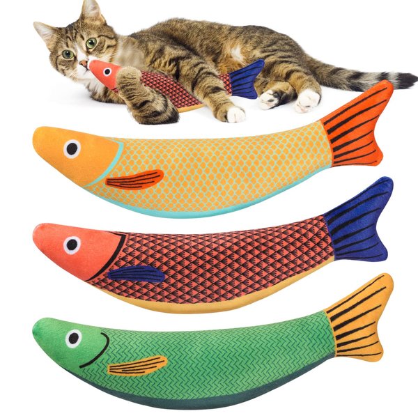 3 PCS Cat Toys Kitten Toys Assortments, Cat Toys Fish with Catnip, Cat Nip Toys, Cat Chew Plush Toys, Interactive Kitten Cat Toys Indoor Cats. Plush Cartoon Kitten Teething Interactive Toy 9.5"