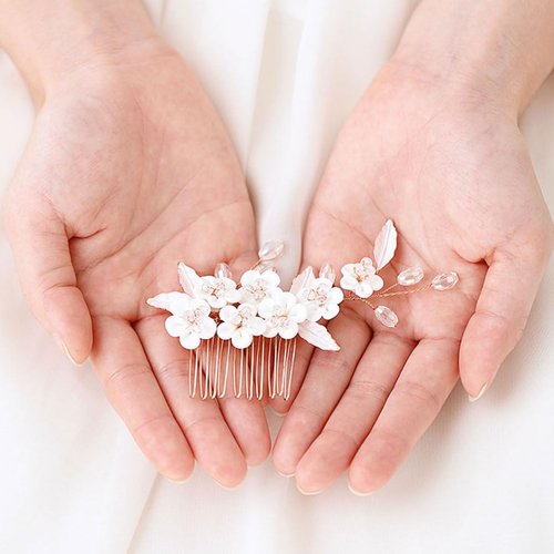 Latious Flower Bride Wedding Hair Comb Bridal Hair Clip Floral Hair Piece Leaf Hair Accessories for Women and Girls (Rose Gold)