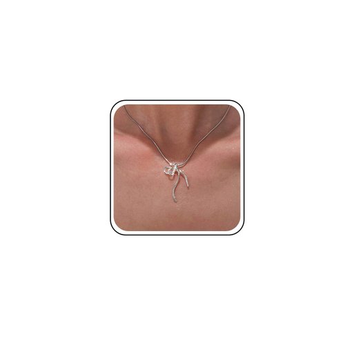 TseanYi Bow Pendant Necklace Silver Bow Knot Necklace Line Bow Tie Pendant Necklace Snake Chain Choker Necklace Minimalist Bow Snake Chain Necklace for Women Jewelry