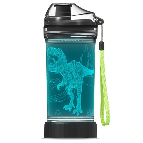 YuanDian Light Up Kids Water Bottle with 3D Dinosaur Tyrannosaurus Rex Design- 14 OZ Tritan BPA Free - Cool Drinking Cups Gift for School Kids Boy Girl Child Christmas Holiday