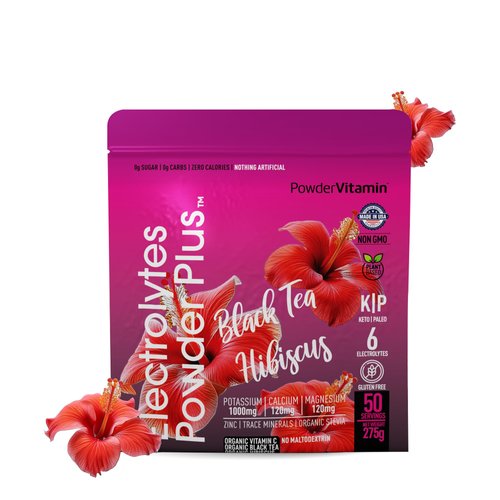PowderVitamin Electrolytes Powder Plus (50 Servings) Black Tea Hibiscus Electrolyte Powder Keto, Sugar Free, Pink Himalayan Salt,1000mg Potassium,120mg Calcium,120mg Magnesium, Hydration Powder