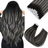 Ve Sunny Tape in Hair Extensions 24inch Balayage Hair Tape in Extensions Black Ombre Grey Invisible Tape in Hair Extensions Real Human Hair Balayage Natural Black Mix Silver Grey 25g 10pcs