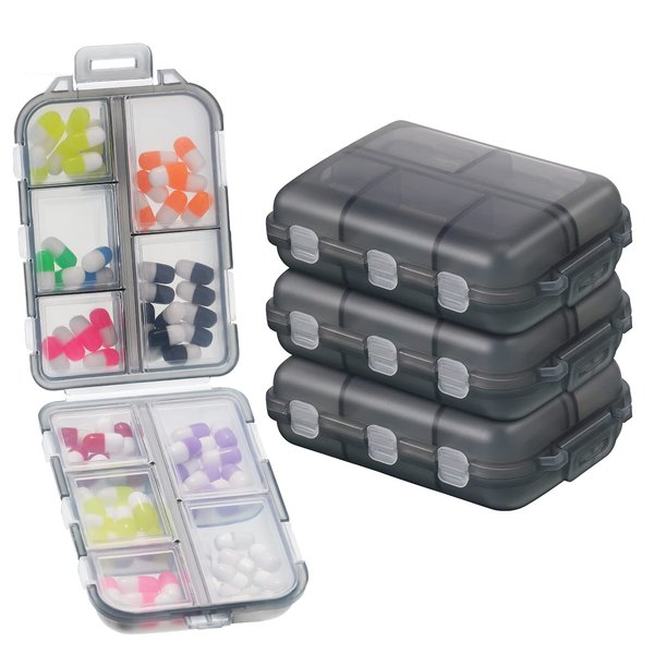 10 Grids Pill Cases Small Pill Organizer Box Weekly Travel Pill Organizer Portable Pocket Pill Case Holder Plastic Waterproof Container Box for Purse Pills Vitamin Fish Oil Daily Travel Use (4 Pieces)