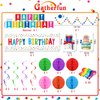Happy Birthday Decorations Kit: Happy Birthday Banner,Birthday Dots Design Plastic Backdrop, Circle Confetti Garland, Swirl Streamers, Honeycomb Balls & Party Balloons - Table Centerpiece Set