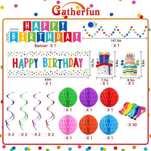Happy Birthday Decorations Kit: Happy Birthday Banner,Birthday Dots Design Plastic Backdrop, Circle Confetti Garland, Swirl Streamers, Honeycomb Balls & Party Balloons - Table Centerpiece Set