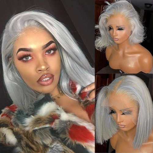 Benafee Bob Wig Human Hair 13x4 HD Lace Front Wigs Free Part Lace Frontal Bob Wigs Grey Short Bob Wig Human Hair 180% Density Colored Transparent Lace Front Human Hair Bob Wigs Pre Plucked 10 Inch
