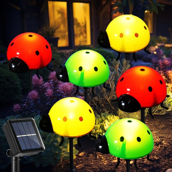 Solar Garden Decor Ladybugs Lights Outdoor Decor Waterproof Solar Ladybug Stake Lights with 8 Modes, Cute Insect Animal Garden Decor Lights for Backyard, Flowerbed, Pathway, Lawn Decorations (6 in 1)