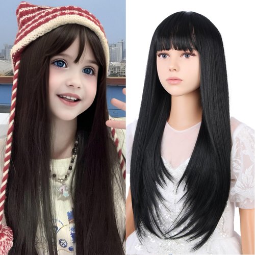 WAVELNM Kids Black Wig Child Black Wig with Bangs Girls Natural Black Long Straight Wig Synthetic Wigs with Wig Cap