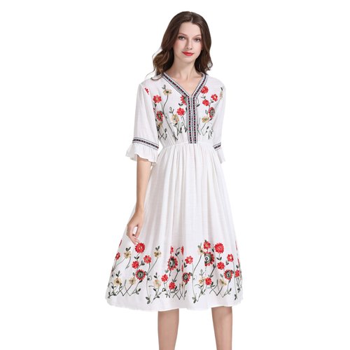 Women's Short Sleeve Mexican Embroidered Floral Pleated Midi Cocktail Dress (White, S)