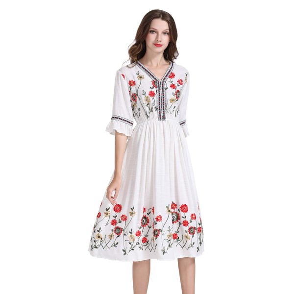 Women's Short Sleeve Mexican Embroidered Floral Pleated Midi Cocktail Dress (White, S)