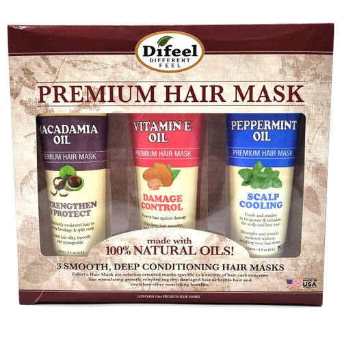 Difeel Premium Hair Mask 3-PC Set for Revitalizing, Cleansing & Strength - Macadamia Oil Hair Mask 8oz, Vitamin E Hair Mask 8oz & Peppermint Hair Mask 8oz