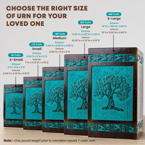 INTAJ Cremation Urn for Human Ashes - Wooden Urn Box for Ashes Handcrafted - Tree of life Memorial Urn Funeral Cremation Urns (Teal Green, Medium (115lbs or 55kg))