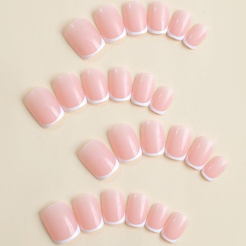 24Pcs White French Tip Press on Nails Short Petite Fake Nails Square Shaped Acrylic Glue on Nails Reusable Stick on Nails Nude Pink False Nails Glossy Designs for Women Girls DIY Manicure Decorations