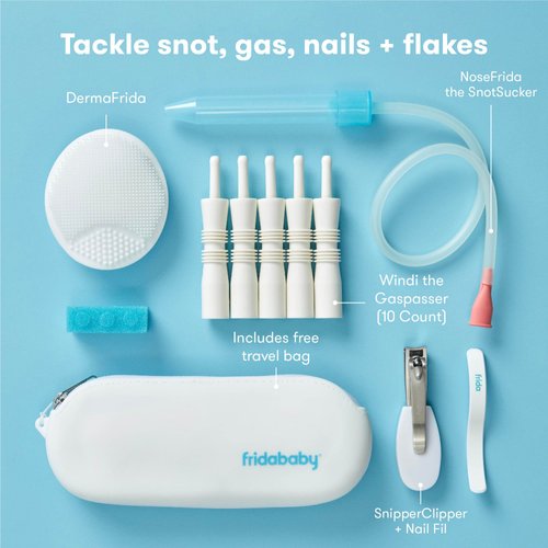 Frida Baby Basics Kit | Baby Essentials Kit Includes Nasal Aspirator Snotsucker, NailFrida Nail Files, Windi Gas Relief, DermaFrida Bath Brush + Silicone Carry Case