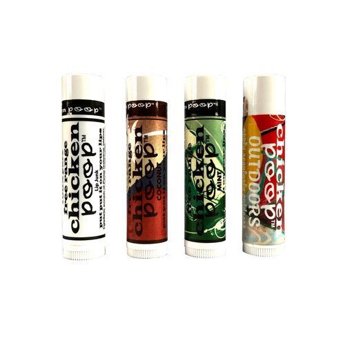Chicken Poop Lip Balm Simone Chickenbone 100% Natural Moisturizer for Dry, Chapped Lips, Combo (Original, Mint, Outdoors with SPF 30, Coconut), 4 Pack