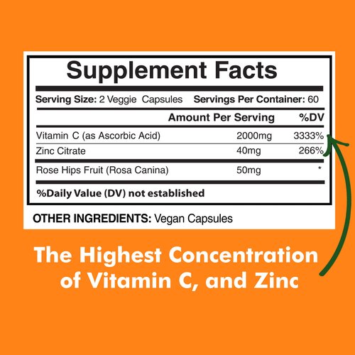 Vitamin C 2000mg with Zinc 40mg Per Serving and Rose Hips Extract, Immune Support for Adults, Immune Booster, Vegan Non GMO, No Filler, No Stearate, 120 Vegan Capsules, 60 Day Supply