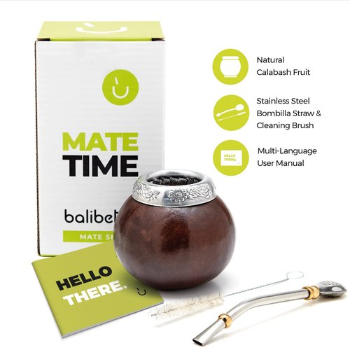 Balibetov Yerba Mate Gourd Set (Original Natural Handmade Yerba Mate Cup Argentina) - Includes Mate Tea Cup, Bombilla (Yerba Mate Straw) and Clean Brush (Brown)