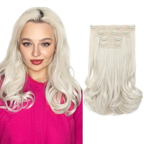 REECHO Clip in Hair Extensions, 4PCS Lace Weft Hair Extensions 14" Short Wavy Hair Extensions Invisible Hair Extensions Clip Ins Natural Soft Hairpieces for Women, Platinum Blonde