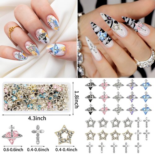 40PCS Planet Nail Charms, 3D Cross Nail Charms for Acrylic Nails Shiny Saturn Shape Nail Art Alloy Diamond Star Nail Gems for Women Girls DIY Nail Art Decoration