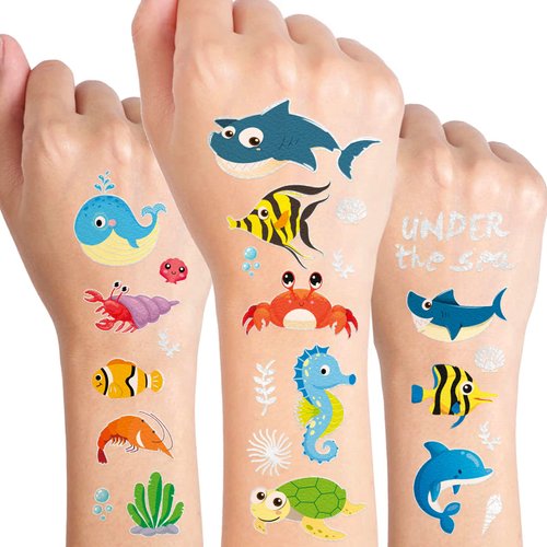 Glitter Ocean Sea Animal Temporary Tattoo Stickers 590 Count Silver Tropical Fish Shark Mermaid Party Favors Goodie Bags Decor Waterpoof Fake Tattoos Art Craft for Kids Birthday Party Supplies Gifts
