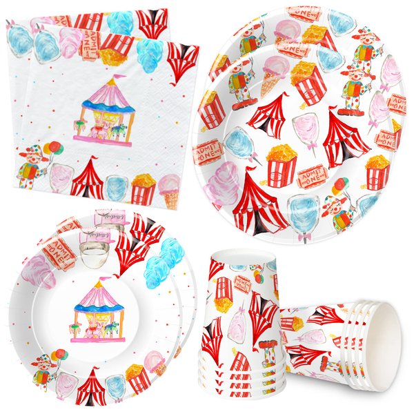 HIPVVILD Circus Carnival Birthday Party Supplies, Circus Theme Party Decorations Dinnerware, Carnival Party Plate, Circus Plate, Cup, Napkin, Circus Party Supplies For Birthday Baby Shower | Serve 24