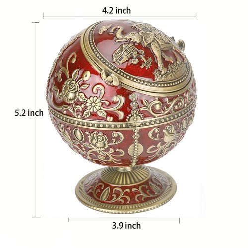 LAUYOO Vintage Ashtray with Lid for Cigarettes Metal Portable Ashtray for Outdoors Indoors Hand Stamped Windproof Ash Tray Classy Gift for Men Women(Dark Red with Bronze Rose Elephant)