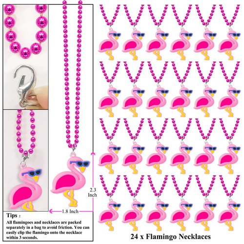 KeeStar 24 Pack Flamingo Necklace Party Favors for Summer Hawaiian Tropical Luau Party, Animal Themed Baby Shower, Birthday, School Carnival Rewards, Photography Props, Decorations, Classroom Prize