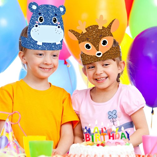 24 Pcs Animal Birthday Party Hats Animal Headbands Jungle Safari Animal Paper Party Crown for Girls Kids (Assorted Animals)