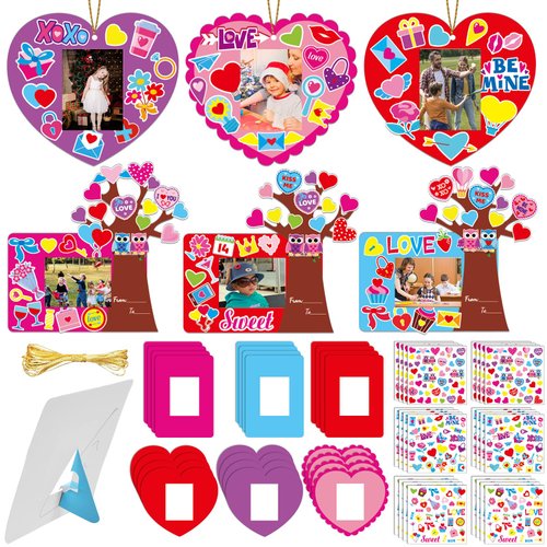 Qyeahkj Picture Frame Craft Set, 30 Set Valentines Day Art Kit for Kids with Easel, Heart Tree Picture Frame, Owl Stickers, Tree Card, Glue Points