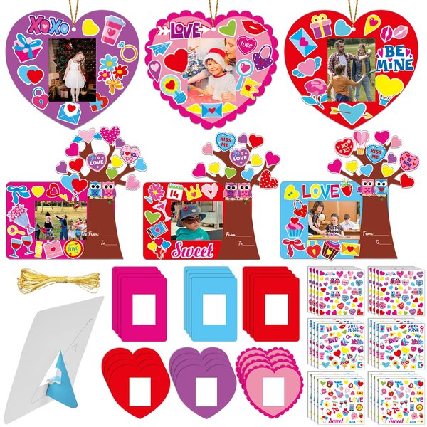 Qyeahkj Picture Frame Craft Set, 30 Set Valentines Day Art Kit for Kids with Easel, Heart Tree Picture Frame, Owl Stickers, Tree Card, Glue Points