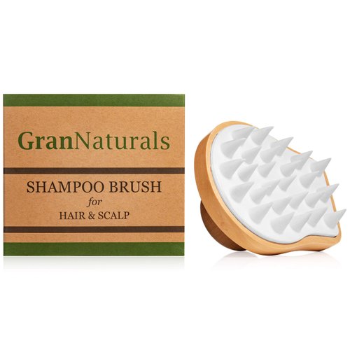 GranNaturals Wooden Shampoo Scrubber Brush - Shower Scalp Massager for Men & Women - Head Exfoliator with Silicone Bristles - Helps Promote Healthy Blood Flow, Dandruff Removal