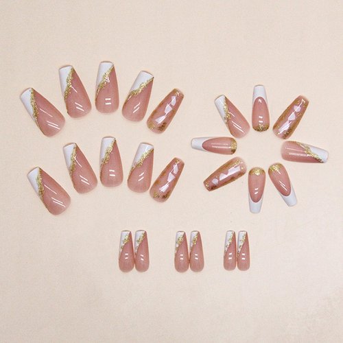 Medium Square Press on Nails Gold Foil Fake Nails French Tip False Nails with Golden Glue on Nails Glitter Acrylic Nails White Tip Press Ons Stick on Nails for Women Manicure Art 24 Pcs