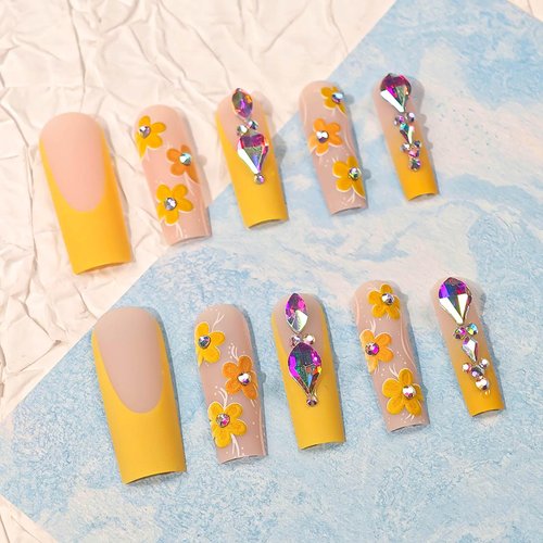 RUOKEXIN Long Press on Nails Square Fake Nails Orange French False Nails with Rhinestones Designs Fall Nail Press ons Long Glue on Nails Long Fall Artificial Nails Cute Stick on Nails for Women 24Pcs