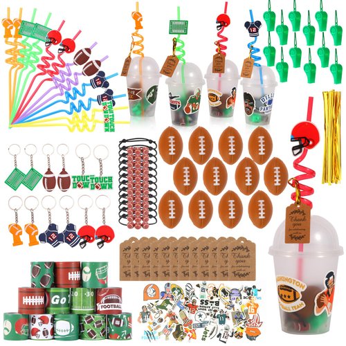 LiYiQ 158 Pcs Football Party Favors Football Party Supplies with Cup Straw Stress Ball Keychain S...