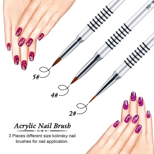 3 Pieces Kolinsky Acrylic Nail Brush 3D Nail Art Brush with Silver Metal with Non-slip Handle (Silver,Size 2, 4, 5)