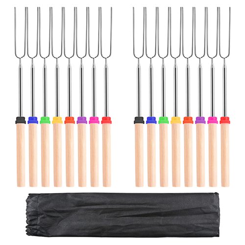 Marshmallow Roasting Sticks, 32Inch 16pcs Telescopic Barbecue Forks Retractable Stainless Steel Smores Skewers with Anti-slip Wooden Handle for BBQ Outdoor Camping Campfire Firepit (16)