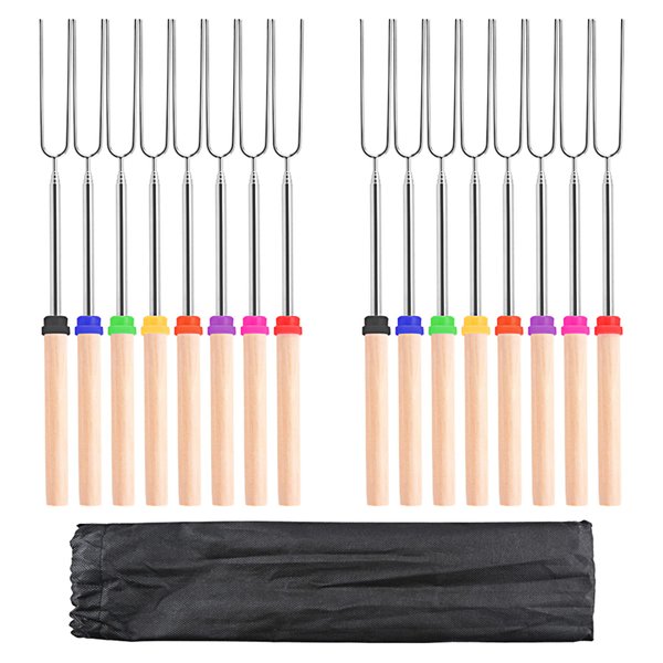 Marshmallow Roasting Sticks, 32Inch 16pcs Telescopic Barbecue Forks Retractable Stainless Steel Smores Skewers with Anti-slip Wooden Handle for BBQ Outdoor Camping Campfire Firepit (16)