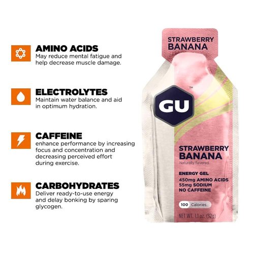 GU Energy Original Sports Nutrition Energy Gel, Vegan, Gluten-Free, Kosher, and Dairy-Free On-the-Go Energy for Any Workout, 24-Count, Strawberry Banana