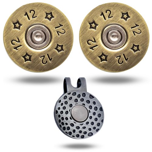 Full Metal Markers 12 Gauge Unique Magnetic Metal Golf Ball Marker with Hat Clip Accessory for Men & Women Shotgun (2 Ball Markers + 1 Hat Clip)