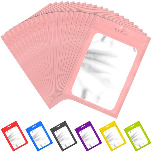 100 Pieces Resealable Mylar Bags with Ziplock and Clear Window Resealable Bags Packaging Bags Foil Pouch Ziplock Bags for Food Self Sealing Storage Supplies (Pink, 6.29x9.44 inches)